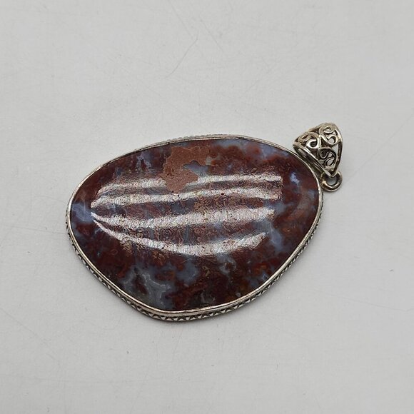 Large Polished Red Blue Moss Agate Stone Pendant With Ornate Silver Bail - Picture 3 of 7